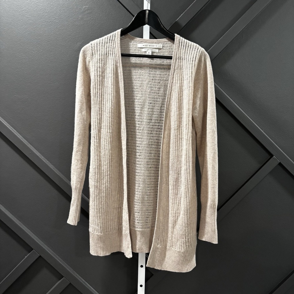 Max Studio Size M 100% 2 Ply Cashmere Long Open Front Cardigan Beige